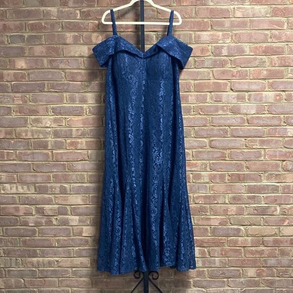 R&M Richards Navy Off the Shoulder Fishtail Evening Gown with Full Body Shimmer - Picture 5 of 12